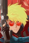  1boy black_gloves blonde_hair closed_mouth earrings fingerless_gloves gloves grey_eyes gun highres holding holding_gun holding_weapon jewelry looking_at_viewer male_focus red-tinted_eyewear short_hair single_earring solo tinted_eyewear trigun trigun_stampede tweedledraws twitter_username undercut vash_the_stampede weapon 