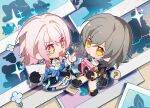  2girls :d :o ? artist_request black_choker black_footwear black_gloves camera chibi chinese_commentary choker gloves grey_hair honkai:_star_rail honkai_(series) looking_at_another march_7th_(honkai:_star_rail) multiple_girls official_art open_mouth pink_hair smile speech_bubble star-shaped_pupils star_(symbol) stelle_(honkai:_star_rail) symbol-shaped_pupils trailblazer_(honkai:_star_rail) wubbaboo_(honkai:_star_rail) yellow_eyes 
