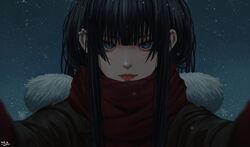  1girl black_hair blue_eyes brown_coat closed_mouth coat earclip fur-trimmed_coat fur_trim highres hololive hololive_english long_hair looking_at_viewer meme mittens ouro_kronii outdoors pov_cheek_warming_(meme) reaching reaching_towards_viewer red_mittens red_scarf scarf snowing solo steb virtual_youtuber winter_clothes winter_coat 