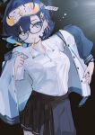  1girl absurdres black_skirt blue_archive blue_hair cellphone chihiro_(blue_archive) dressing glasses green_eyes highres jacket light mask mask_on_head morning phone shirt skirt sleep_mask soyly_4 toothbrush toothbrush_in_mouth watch watch white_shirt 