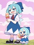  2girls absurdres ahoge black_footwear blue_bow blue_dress blue_eyes blue_hair blush_stickers bow cirno collared_shirt detached_wings dress dual_persona fairy food fumo_(doll) hair_bow highres holding holding_food ice ice_cream ice_wings kame_(kamepan44231) multiple_girls open_mouth shirt shoes short_hair short_sleeves smile socks standing touhou white_shirt white_socks wings 