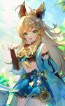  1girl animal_ears blurry blurry_background blush brown_hair cat_ears commentary_request detached_sleeves genshin_impact green_eyes hair_ornament highres kirara_(genshin_impact) leaf long_hair looking_at_viewer open_mouth paw_pose ribbon shanshanziyu signature sky solo 