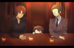  3boys bandage_over_one_eye bar_(place) beer_glass brown_hair bungou_stray_dogs collared_shirt dazai_osamu_(bungou_stray_dogs) glasses highres indoors lapels light long_sleeves multiple_boys necktie red_eyes seirense34 shirt short_hair 