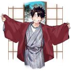  1boy black_hair blush cropped_torso facing_viewer fate/grand_order fate_(series) fingernails fujimaru_ritsuka_(male) grin highres imoda japanese_clothes kimono looking_at_viewer male_focus outstretched_arms shirt short_hair smile solo spread_arms white_kimono white_shirt wide_sleeves 