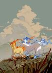  alternate_color blue_fire clouds day fire from_side grass highres no_humans outdoors pokemon pokemon_(creature) rapidash shiny_pokemon sky standing two_pokemon 