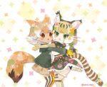 2girls animal_ears belt blonde_hair brown_eyes cat_ears cat_girl cat_tail coyote_(kemono_friends) elbow_gloves extra_ears gloves green_eyes grey_hair jacket jungle_cat_(kemono_friends) kemono_friends kemono_friends_v_project kikuchi_milo kneehighs long_hair looking_at_viewer multiple_girls ribbon shirt short_hair simple_background skirt socks tail twintails virtual_youtuber wolf_ears wolf_girl wolf_tail 