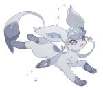  animal_focus blue_eyes blue_fur bow commentary_request fang glaceon happy hideko_(l33l3b) highres multicolored_eyes no_humans open_mouth pink_bow pink_eyes pokemon pokemon_(creature) running signature simple_background smile sparkle white_background 