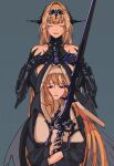  2girls absurdres bianca:_stigmata_(punishing:_gray_raven) bianca_(punishing:_gray_raven) black_dress blonde_hair blue_background center-flap_bangs chinese_commentary coif commentary crown dress dual_persona eyeliner greatsword habit hair_intakes halterneck headgear highres holding holding_sword holding_weapon huge_weapon long_hair long_sleeves makeup mechanical_arms mole mole_under_eye multiple_girls nun punishing:_gray_raven purple_eyeliner smile sword traditional_nun upper_body very_long_hair violet_eyes wanlai_bu_shiman weapon 