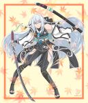  1girl absurdres artist_name autumn_leaves blue_eyes bow breasts clothing_cutout coat double-parted_bangs eiyuu_densetsu floating_hair full_body hair_between_eyes hair_bow half_updo highres holding holding_sheath holding_sword holding_weapon katana kuro_no_kiseki leaf long_hair looking_at_viewer maple_leaf medium_breasts open_clothes open_coat pommel_tassel sakamata_kiseki sheath shizuna_rem_misurugi signature smile solo sword tabi tassel thigh-highs thigh_cutout weapon white_hair 