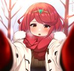  1girl fur-trimmed_hood fur_trim gloves highres hood jacket medium_hair meme namu_(112namu) open_mouth orange_eyes pov pov_cheek_warming_(meme) pyra_(xenoblade) red_gloves red_scarf redhead scarf solo swept_bangs white_jacket winter winter_clothes xenoblade_chronicles_(series) xenoblade_chronicles_2 