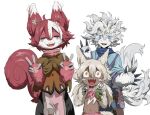  1boy 2girls :d ahoge bags_under_eyes belafu blonde_hair blue_eyes blue_scarf body_fur brown_capelet capelet chinese_commentary claws closed_eyes commentary_request cowboy_shot daisy double_v facing_viewer fangs flower furrification furry furry_female hair_flower hair_ornament hands_up highres holding holding_flower irumyuui low_twintails made_in_abyss medium_hair messy_hair multicolored_hair multiple_girls navel nervous_smile open_mouth red_fur redhead scarf sharp_teeth short_hair simple_background smile squirrel_girl squirrel_tail standing sweat tail teeth twintails two-tone_hair v vueko whiskers white_background white_fur white_hair wide-eyed xiaopizi32439 yellow_eyes 