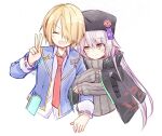  2girls arm_grab black_coat black_headwear blazer blonde_hair blue_jacket blush charlotta_skopovskaya closed_eyes coat collared_shirt cropped_torso facing_viewer fur_hat grey_hair grey_sweater hair_over_one_eye hat heaven_burns_red jacket kayamori_ruka long_hair long_sleeves looking_at_another looking_at_viewer multiple_girls necktie one_eye_covered open_mouth red_necktie shirt short_hair smile sweater taketatsu_(bamboo_stand09) upper_body ushanka v white_background white_shirt yellow_eyes 