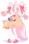  1girl absurdres ahoge animal_ears bell_pepper bow collared_dress commentary_request delicious_party_precure dress eggplant fox_ears fox_girl fox_tail frilled_dress frills full_body hair_bow highres kome-kome_(precure) kome-kome_(precure)_(human) long_hair noniha open_mouth pink_bow pink_eyes pink_footwear pink_hair precure shoes short_sleeves simple_background skirt_basket skirt_hold solo standing tail thigh-highs tomato twintails white_background white_thighhighs yellow_dress 