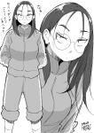  1girl absurdres dated glasses greyscale hadashi_no_kenji hands_in_pockets highres jacket long_hair looking_at_viewer monochrome multiple_views original sanpaku socks solo standing track_jacket track_suit 