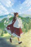  1girl black_skirt blue_sky bow brown_hair clouds commentary detached_sleeves full_body gohei green_snake_(grnsnk) hair_bow hakurei_reimu highres long_hair looking_back mountainous_horizon outdoors pom_pom_(clothes) red_bow red_skirt ribbon-trimmed_skirt ribbon_trim shirt skirt sky socks solo symbol-only_commentary touhou tree white_shirt white_socks wide_sleeves 