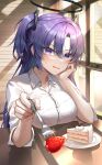 1girl absurdres blue_archive blush breasts buttons cake cake_slice collared_shirt food fork fruit hair_between_eyes halo highres holding holding_fork large_breasts long_hair looking_at_viewer mechanical_halo momyong open_mouth purple_hair shirt solo strawberry two_side_up upper_body violet_eyes white_shirt yuuka_(blue_archive) 
