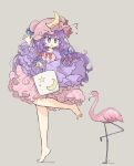  1girl bag barefoot bird blue_bow blush bow crescent crescent_hat_ornament dress flamingo grey_background hair_bow hat hat_bow hat_ornament highres holding holding_bag long_hair mob_cap open_mouth patchouli_knowledge pink_dress pink_headwear primsla purple_hair red_bow simple_background solo touhou violet_eyes white_bag 