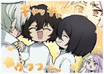  1girl 3boys bandages black_hair bungou_stray_dogs character_request closed_eyes collared_shirt dazai_osamu_(bungou_stray_dogs) green_hair hair_between_eyes highres looking_at_another multiple_boys nakajima_atsushi_(bungou_stray_dogs) open_mouth orange_eyes purple_hair seirense34 shirt short_hair sparkle_background white_shirt 