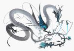  animal_focus blue_eyes branch claws commission dragon eastern_dragon fangs fins from_side full_body highres horns monster no_humans open_mouth original profile scales sharp_teeth simple_background solo tail talons teeth whiskers white_background xiaopizi32439 