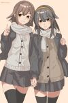  2girls alternate_costume black_hair black_jacket black_thighhighs brown_cardigan brown_eyes brown_hair cardigan flipped_hair grey_scarf grey_skirt haruna_(kancolle) hiei_(kancolle) highres holding_hands jacket kantai_collection miron_(mirona33) multiple_girls pleated_skirt scarf school_uniform short_hair skirt thigh-highs 