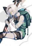  1girl adapted_costume backpack bag bandaged_arm bandages black_shorts character_doll green_bag green_eyes green_jacket head_tilt highres jacket konpaku_youmu konpaku_youmu_(ghost) looking_at_viewer saigyouji_yuyuko shorts sketch solo sportswear sword touhou track_jacket weapon white_hair xian_qishui 