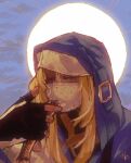 1girl black_gloves blonde_hair bridget_(guilty_gear) female_focus fingerless_gloves fish gloves guilty_gear guilty_gear_strive habit highres hood hood_up hooded_jacket jacket long_sleeves machitoons medium_hair