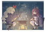  2girls ahoge azur_lane blonde_hair blue_bow blue_bowtie blue_skirt border bow bowtie campfire camping chair character_name commission cooking cooking_pot crown dress forest from_side grey_jacket highres holding_lid jacket jenkins_(azur_lane) jersey_(azur_lane) long_hair long_sleeves mini_crown minmin_(neko4339) multiple_girls nature outside_border red_eyes redhead sitting skeb_commission skirt steaming_food tree white_border white_dress wooden_chair yellow_eyes 