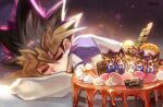  1boy backlighting bed_sheet birthday_cake blurry blurry_background bokeh cake chocolate closed_eyes depth_of_field food happy_birthday highres icing light_particles male_focus multicolored_hair mutou_yuugi namikaze_(dobbyka) sleeping solo spiky_hair yami_yuugi yu-gi-oh! yu-gi-oh!_duel_monsters 