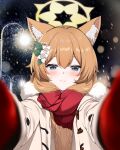  1girl animal_ear_fluff animal_ears blue_archive blue_eyes blush breath closed_mouth coat duffel_coat flower fur-trimmed_coat fur_trim gloves hair_between_eyes hair_flower hair_ornament halo headless highres kurigura_(sketch_san) long_hair long_sleeves looking_at_viewer mari_(blue_archive) meme nejime open_clothes open_coat orange_hair pov_cheek_warming_(meme) reaching reaching_towards_viewer red_gloves red_scarf scarf smile solo white_coat white_flower winter_gloves yellow_halo 