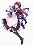  1girl aoki_shizumi apron black_dress black_footwear boots dress floral_print_dress full_body gundou_mirei hand_on_own_chest heart looking_at_viewer maid maid_apron maid_headdress nijisanji outstretched_arms purple_hair solo violet_eyes virtual_youtuber white_apron 