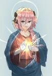  1boy absurdres astolfo_(fate) black_bow bow braid closed_mouth cosplay fate_(series) fine_art_parody hair_bow highres jesus jesus_(cosplay) kowai_(iamkowai) long_braid long_hair looking_at_viewer male_focus parody pink_hair red_robe robe solo violet_eyes white_hair 