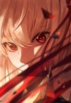  1girl absurdres blonde_hair chxoswolf commentary english_commentary film_grain hair_between_eyes highres looking_at_viewer lycoris_recoil nishikigi_chisato red_eyes short_hair signature solo 