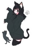  1girl :p ahoge animal_ears black_eyes black_hair black_hoodie blush bright_pupils cat cat_ears cat_girl cat_tail commentary_request cowboy_shot creature_and_personification eyelashes highres hood hoodie long_hair megateru messy_hair original oversized_clothes paw_pose simple_background sleeves_past_wrists smile solo tail tareme thigh-highs tongue tongue_out white_background white_pupils zettai_ryouiki 