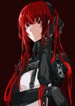  1girl adjusting_hair armband barcode black_armband black_gloves black_hairband bodysuit emblem gloves hairband highres hikachil long_hair looking_at_viewer mole mole_under_eye print_armband punishing:_gray_raven red_background red_eyes redhead shoulder_pads simple_background solo upper_body vera:_rozen_(punishing:_gray_raven) vera_(punishing:_gray_raven) white_bodysuit 