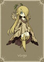  blonde_hair blue_eyes brooch brown_background brown_scarf colored_skin feathered_wings furry hair_over_one_eye jewelry long_hair long_sleeves looking_at_viewer maniani original scarf virgo_(zodiac) white_skin wings wreath_halo zodiac 