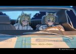  2girls animal_ear_fluff animal_ears bandaid bandaid_hair_ornament blonde_hair blue_eyes blue_hair car dog_ears driving english_text fuwawa_abyssgard hair_ornament hairpin highres hololive hololive_english mococo_abyssgard motor_vehicle multicolored_hair multiple_girls pink_eyes pink_hair seventeencrows siblings sisters streaked_hair twins virtual_youtuber x_hair_ornament 