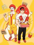 2boys afro badge black_hair black_pants box burger button_badge chioneoc clown crocs cup facepaint fast_food food french_fries full_body hand_in_pocket headset highres holding holding_box jumpsuit looking_at_viewer male_focus mcdonald&#039;s multiple_boys original pants pectoral_cleavage pectorals red_nose redhead ronald_mcdonald shirt smile socks star_(symbol) streamers striped striped_socks visor_cap white_shirt yellow_jumpsuit