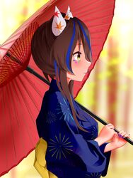  1girl alternate_costume animal_ears ao_komhur blue_kimono blue_nails blush closed_mouth colored_inner_hair commentary_request daitaku_helios_(umamusume) ear_covers fireworks_print highres holding holding_umbrella horse_ears japanese_clothes kimono multicolored_hair nail_polish obi oil-paper_umbrella outdoors red_umbrella sash smile solo streaked_hair umamusume umbrella yellow_eyes 