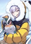  1girl absurdres animal bird blue_archive blush fur-trimmed_jacket fur_trim gloves highres himari_(blue_archive) hood hood_up jacket kudo_udon long_hair long_sleeves looking_at_viewer mole mole_under_eye open_mouth penguin solo violet_eyes white_gloves white_hair yellow_jacket 