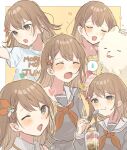  1girl :d border braid brown_hair dog eating grey_eyes grey_shirt hanasato_minori highres holding holding_spoon long_sleeves looking_at_viewer medium_hair multiple_views neckerchief open_mouth orange_neckerchief parfait print_shirt project_sekai sailor_collar seijyohu shirt simple_background smile spoon white_border white_sailor_collar white_shirt yellow_background 