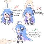  &gt;_&lt; 1girl ahoge azur_lane blue_hair blush_stickers breasts chibi clothing_cutout colored_inner_hair english_commentary english_text heart helena_(azur_lane) how_to_hold_x_(meme) kyl490 medium_breasts meme mini_person minigirl multicolored_hair multiple_views purple_hair solo_focus two-tone_hair underboob_cutout violet_eyes 