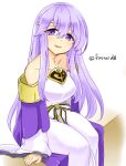  1girl bare_shoulders breasts circlet dress fire_emblem fire_emblem:_genealogy_of_the_holy_war highres julia_(fire_emblem) long_hair looking_at_viewer open_mouth purple_hair sash simple_background sitting smile solo violet_eyes wide_sleeves yukia_(firstaid0) 