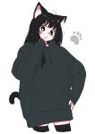  1girl ahoge animal_ears black_eyes black_hair black_hoodie blush bright_pupils cat_ears cat_girl cat_tail commentary_request cowboy_shot dot_mouth eyelashes finger_to_own_chin hand_on_own_hip highres hood hoodie long_hair megateru messy_hair original oversized_clothes simple_background sleeves_past_wrists solo tail tareme thigh-highs white_background white_pupils zettai_ryouiki 