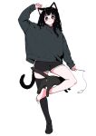  1girl ahoge animal_ear_fluff animal_ears arm_up balancing bare_legs barefoot black_cat black_eyes black_hair black_shorts black_thighhighs blunt_bangs blush blush_stickers bright_pupils cat cat_ears cat_girl cat_tail cat_teaser dolphin_shorts full_body grey_hoodie highres holding hood hoodie legs looking_at_viewer megateru nose_blush original shorts single_sock smile socks soles solo standing standing_on_one_leg tail thigh-highs toes white_background white_pupils x_anus 