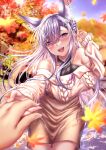  1girl :d absurdres animal_ear_fluff animal_ears autumn_leaves bare_shoulders blurry blurry_background blush braid breasts cowboy_shot dress earrings extra_ears fox_ears fox_girl hair_between_eyes highres holding_hands indie_virtual_youtuber jewelry kamishiro_natsume kitsune large_breasts long_hair long_sleeves looking_at_viewer off-shoulder_dress off_shoulder open_mouth outdoors pov pov_hands pulling purple_hair purple_ribbon rairaisuruyo ribbon smile solo_focus violet_eyes virtual_youtuber 