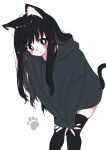  1girl animal_ears black_eyes black_hair black_hoodie blush cat_ears cat_girl cat_tail closed_mouth commentary_request eyelashes feet_out_of_frame hands_on_own_knees highres hood hoodie leaning_forward long_hair looking_at_viewer megateru messy_hair original oversized_clothes simple_background sleeves_past_wrists smile solo tail tareme thigh-highs white_background 