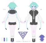  1girl :d anzen_robo_(474zz) aqua_eyes aqua_hair black_footwear black_shirt coat full_body futo_(anzen_robo_(474zz)) grey_necktie highres necktie original reference_sheet shirt short_hair silhouette smile socks tagme white_coat white_socks wire 