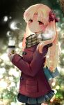  1girl alternate_costume azumi_(myameco) bag black_pantyhose black_skirt blonde_hair blue_bag blush closed_mouth coat coffee commentary_request cup disposable_cup duffel_coat ereshkigal_(fate) fate/grand_order fate_(series) fingernails hair_ribbon holding holding_cup long_hair long_sleeves miniskirt pantyhose parted_bangs plaid plaid_scarf pleated_skirt pocket red_coat red_eyes red_ribbon ribbon scarf school_bag skirt sleeves_past_wrists solo two_side_up winter_clothes 