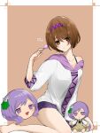  1girl 2dio9gwjal28761 brown_eyes brown_hair candy character_doll dress food fumo_(doll) green_dress hairband heart holding holding_candy holding_food holding_lollipop lollipop purple_hair purple_hairband shirt sitting solo touhou tsukumo_benben tsukumo_yatsuhashi violet_eyes white_shirt yukkuri_shiteitte_ne 