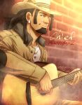  1boy artist_name beard brick_wall brown_eyes brown_jacket chief_(megalo_box) chihiro_(jnkch6) dreadlocks earrings facial_hair hat highres jacket jewelry long_sleeves megalo_box outdoors playing_guitar sitting solo stubble 